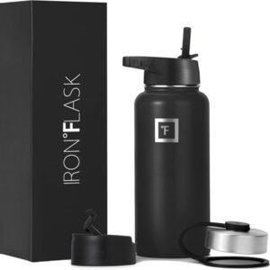 IRON °FLASK Sports Water Bottle – Wide Mouth with 3 Straw Lids – Stainless Steel Gym & Outdoor Bottles for Men, Women & Kids – Double Walled, Insulated Thermos, Metal Canteen – Midnight Black, 32 Oz