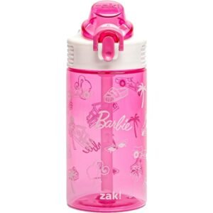 Zak Designs Sage Barbie Water Bottle For School or Travel, 16oz Durable Plastic Water Bottle With Straw, Handle, and Leak-Proof, Pop-Up Spout Cover (Barbie)