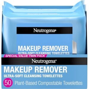 Neutrogena Makeup Remover Wipes, Ultra-Soft Cleansing Facial Towelettes for Waterproof Makeup, Alcohol-Free, Plant-Based, Twin Pack, 25 Count (Pack of 2)