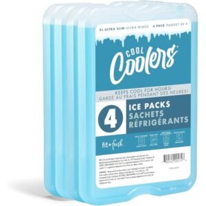 Cool Coolers by Fit & Fresh 4 Pack XL Slim Ice Packs, Quick Freeze Space Saving Reusable Ice Packs for Lunch Boxes or Coolers, Blue, 239ICE, 4 count (Pack of 1)