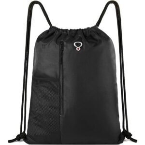 Drawstring Backpack Sports Gym Bag for Women Men Large Size With Two Zipper Pockets and Water Bottle Mesh Pockets