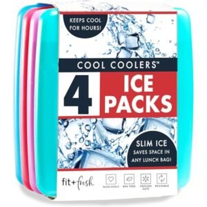 Cool Coolers by Fit & Fresh 4 Pack Slim Ice Packs, Quick Freeze Space Saving Reusable Ice Packs for Lunch Boxes or Coolers, Multi Colored